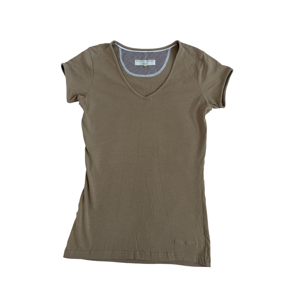 Silvian Heach Womens Tan Brown Cotton V-Neck Short Sleeve Basic T-Shirt Size M